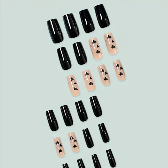 Nude Pink & Black Hearts Square Press On Nails - Picture 2 of 4